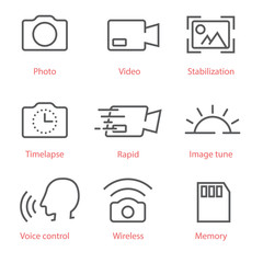 Vector thin line icons set with photo and video pictograms for infographics, manuals, ux ui kit and mobile applications