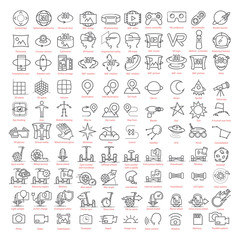 One hundred vector thin line icons set. Contains: 3d an virtual reality, augmented reality and navigation, gyro scooters and hoverboards, space and more for UX UI prototypes
