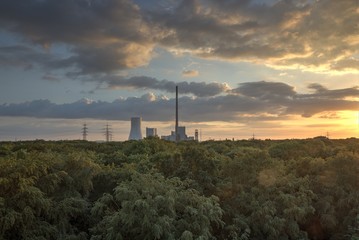 Kraftwerk hinter Wald im Sonnenuntergang