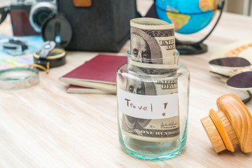 Travel preparation : compass, money, passport, road map ,hat,sun