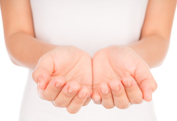 Empty woman hands over body isolated on background .