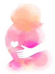 Pregnant woman silhouette plus abstract watercolor. 
