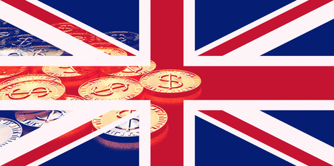 Fototapeta na wymiar pile of gold coins with flag of the great britain (uk) ,3D illustration concept design