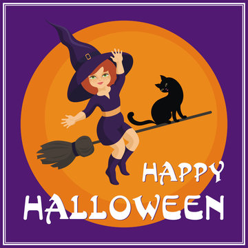 Halloween greeting card with the image of the little witch and full moon