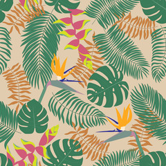 Seamless pattern with hand-drawn tropical leaves and flowers