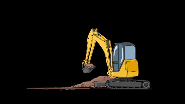 Industrial Excavator Digging Hole. Animated footage with alpha channel. Looped motion graphic.