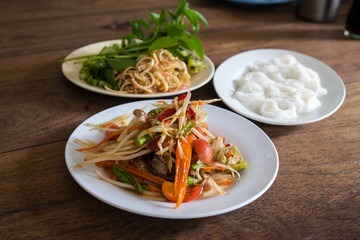 Thai Papaya Salad (Som tum ) , Vermicelli and grren vegetable on