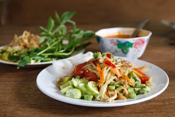 Thai Papaya Salad (Som tum ) , Vermicelli and grren vegetable on