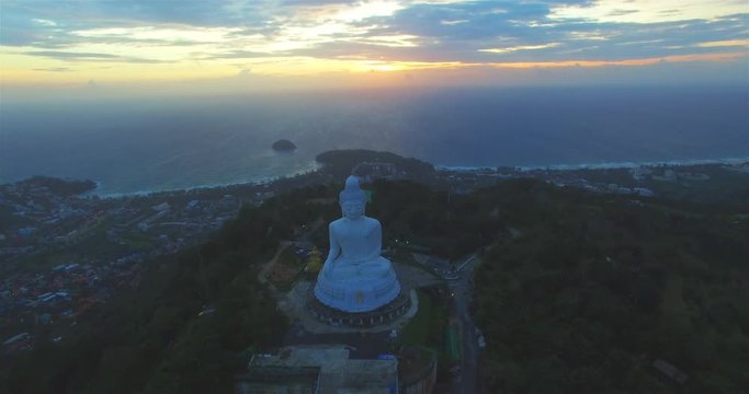 Aerial view the beautify Big Buddha in Phuket island.in rainy season, most important and revered landmarks on the island. The huge image sits on top of the hill it is easily seen from far away