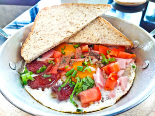 Indochina pan-fried egg with toppings in my homemade Thai style,