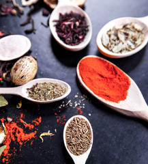 spice in wood spoon on a black background. food