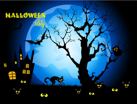 Halloween night background with full Moon and black cat.