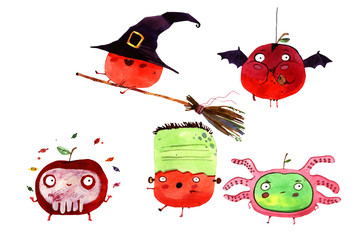Watercolor halloween cartoon illustration, apples in suits, fun illustration isolated on white background