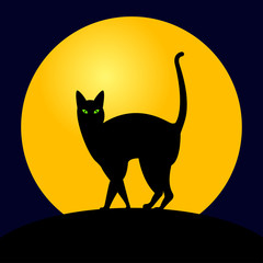 Icono plano gato negro con luna en fondo azul oscuro