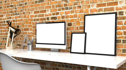 Creative Home Office, Modern Studio Or Contemporary Workspace Interior Mock up, Blank Desktop Computer Screen, Photo Frames, 3D Rendering, Red Bricks Back Wall