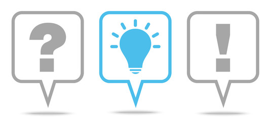 3 Speechbubbles Question, Idea & Answer Grey/Blue Outline