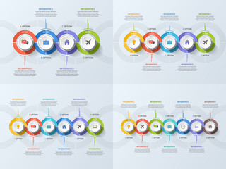 Set of timeline business infographic templates with 4-7 steps, processes, parts, options. Vector illustration.