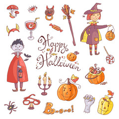 Hand drawn doodle vector collection of halloween elements: suits