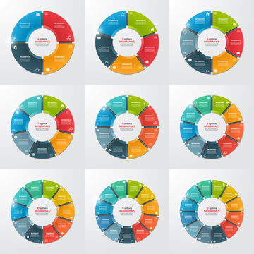 Set Of Pie Chart Circle Infographic Templates With 4-12 Options, Steps, Parts, Processes. Vector Illustration.