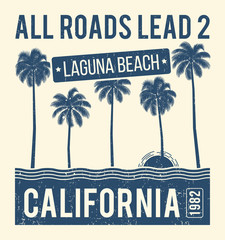 California t-shirt graphic design with palms. T-shirt print, typography, label, badge, emblem. Vector illustration. - obrazy, fototapety, plakaty