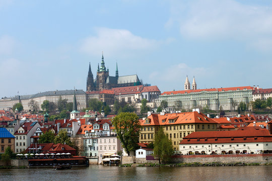 View old town and Prague castle with river Vltava, Czech Republi