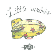 Hand drawn vector little airchip with stars.  zeppelin for