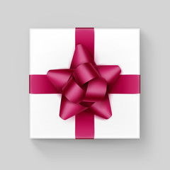 White Square Gift Box with Burgundy Ribbon Bow on Background