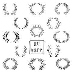 Fototapeta premium Set of 13 laurel leaf wreath made in black. Unique hand drawn Vector wreath collection