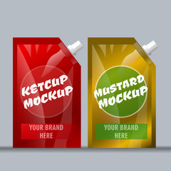 Digital vector red and brown ketchup and mustard package mockup, ready for your logo and design, flat style