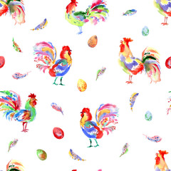 Watercolor bright festive roosters. New year symbol. Beautiful s