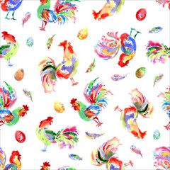 Fototapeta premium Watercolor bright festive roosters. New year symbol. Beautiful s