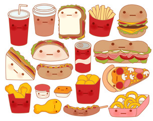 Collection of lovely baby food doodle icon , cute hamburger , adorable sandwich , sweet pizza , kawaii coffee , girly taco in childlike manga cartoon style - Vector file EPS10