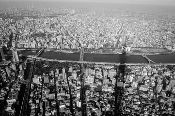 Top view of Tokyo city in the morning. Shoot in black and white shot.