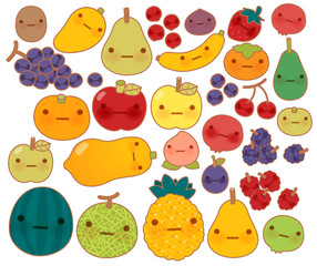 Collection of lovely baby fruit and vegetable doodle icon , cute strawberry , adorable apple , sweet cherry , kawaii banana , girly mango in childlike manga cartoon style - Vector file EPS10