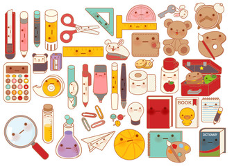 Collection of lovely baby stationery character doodle icon , cute pencil , adorable teddy bear doll , sweet lunchbox , kawaii book , girly pen in childlike manga cartoon style - Vector file EPS10