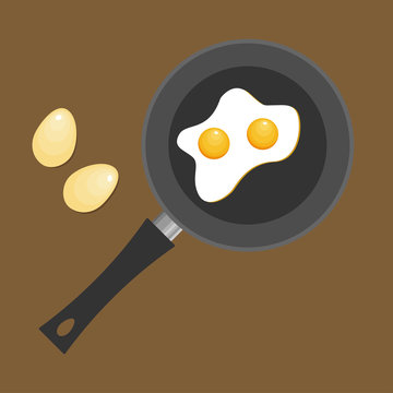 Fried egg in a frying pan. Fried egg flat icon.