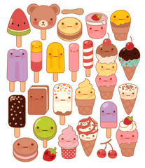 Collection of lovely baby sweet and dessert doodle icon , cute icecream , adorable popsicle , sweet soft cream , kawaii gelato , girly cherry in childlike manga cartoon style - Vector file EPS10