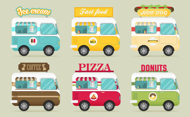 Street Fast Food Truck Set. Flat Design. Vector illustration