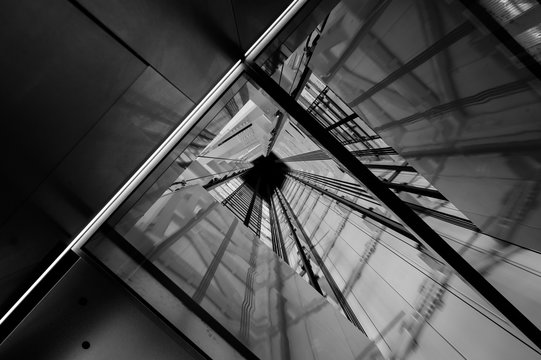 Elevator shaft design in black and white shot.