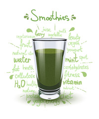 Vector illustration high glass cup with a green smoothies. Healt