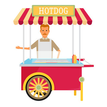 hot-dog cart with seller - vector illustration