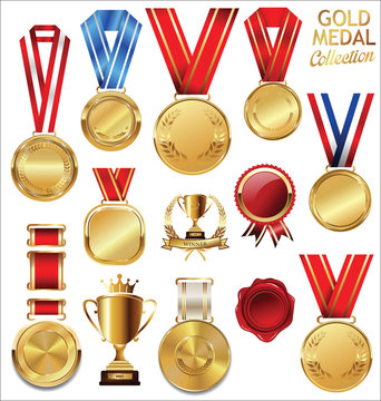 Gold trophy and medal with laurel wreath vector collection