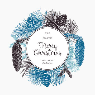 Vintage Design for Christmas Card or Invitation. Vector Frame with Hand Drawn Conifers Sketch. Merry Christmas and Happy New Tear Template