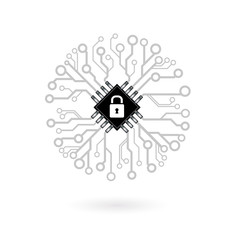 Data security icon. Vector chip with padlock in the center, circuit board circle. Cyber security concept.