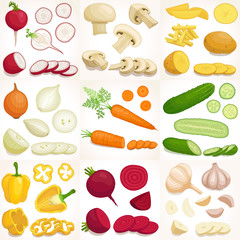 Vegetable set. Vector illustration. Whole, sliced and chopped various  vegetables 