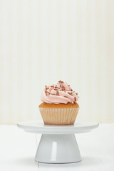 Colorful Homemade Cupcake On White Stand. Copy Space.