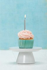 Colorful Homemade Birthday Cupcake With One Burning Candle. Copy