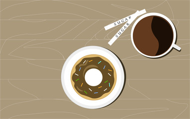 Cup of coffee and donut. View from above. Lunch.