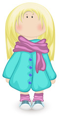 Doll-like girl in turquoise coat, purple scarf and sneakers. Isolated, Vector illustration