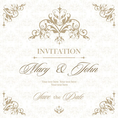 Wedding invitation vintage card with floral and antique decorative elements. Vector illustration